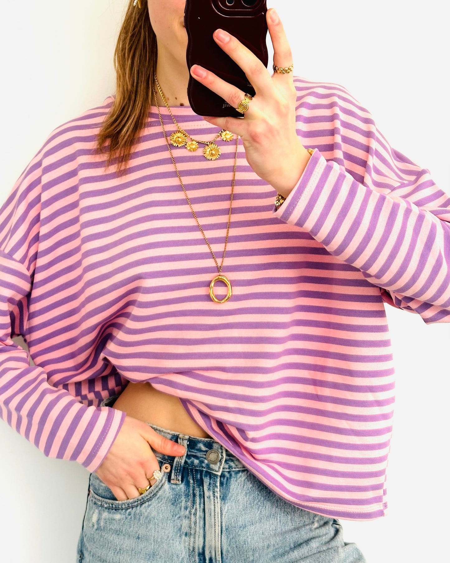Casual stripe longsleeve pink purple straight