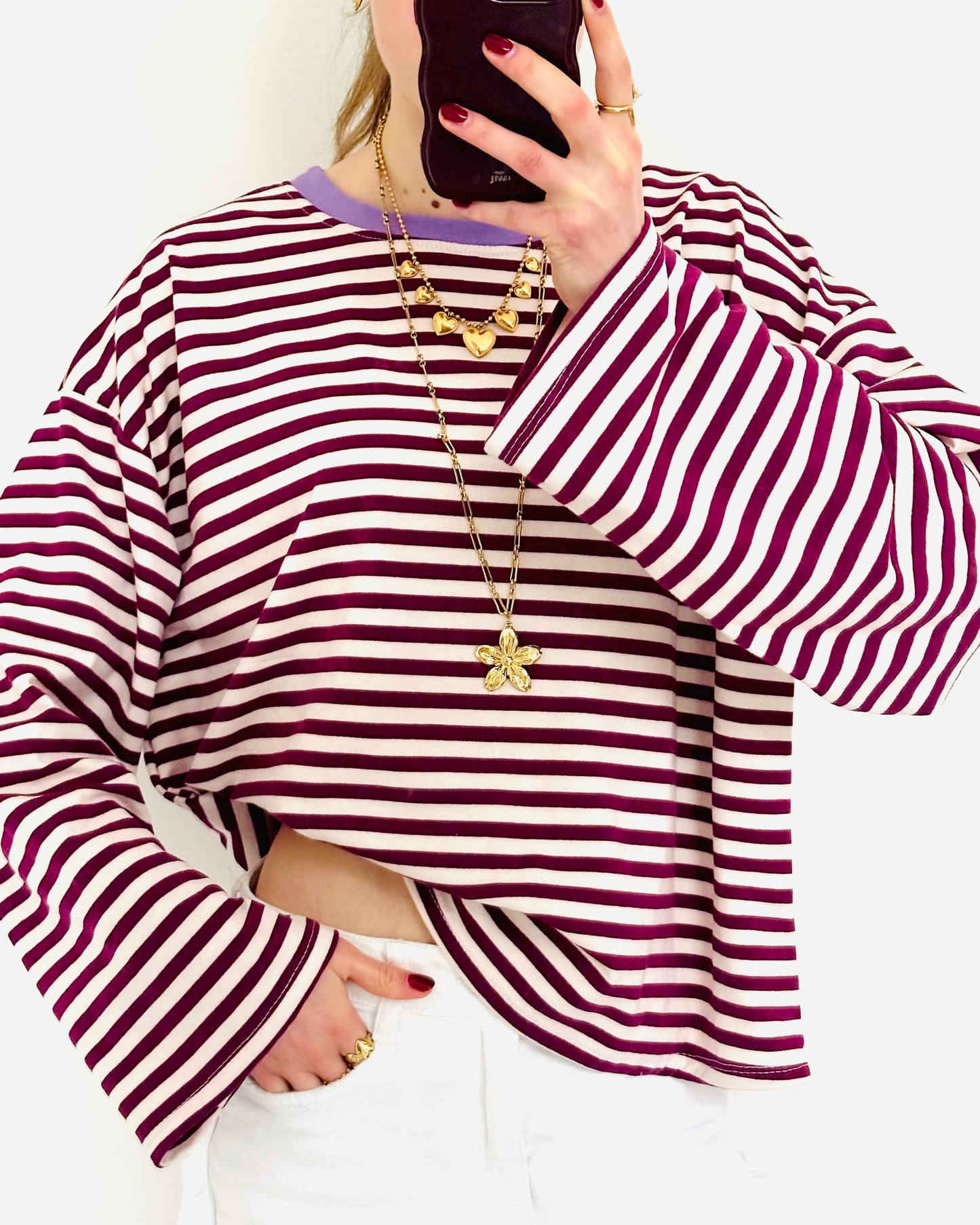 Casual stripe longsleeve burgundy white