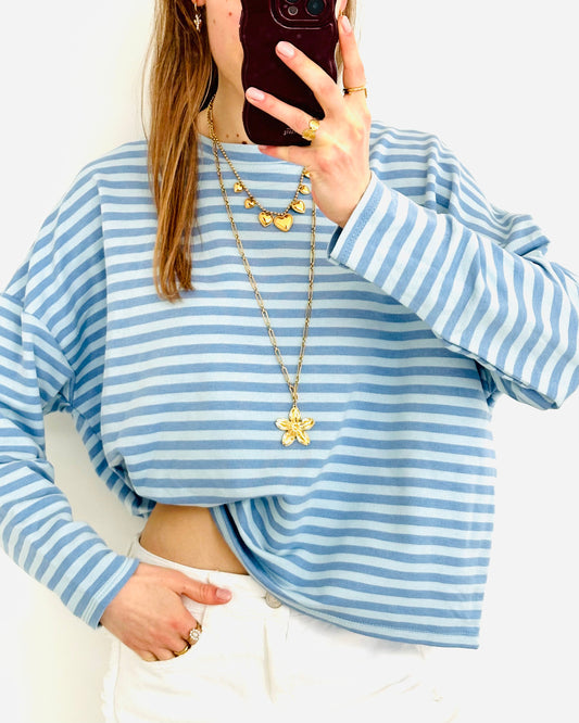 Casual stripe longsleeve blue denim straight