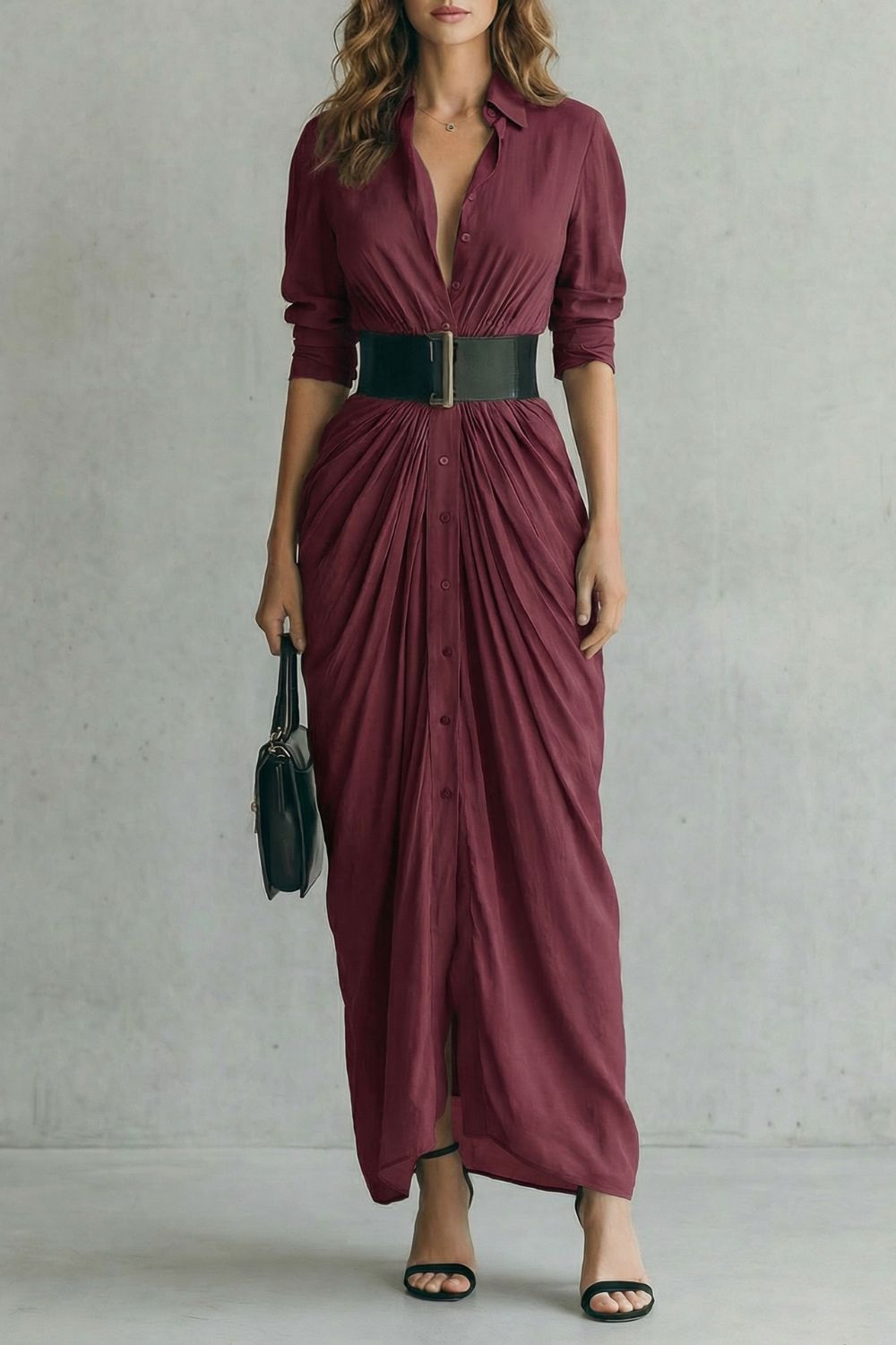 Solenzia | Buttoned Draped Maxi Dress