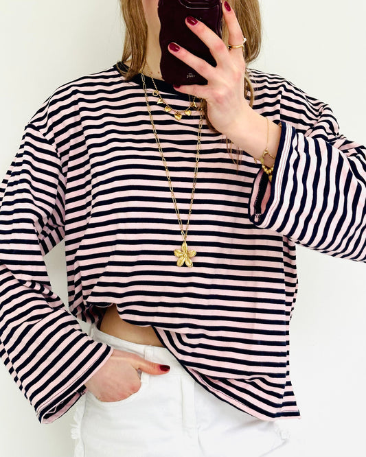 Casual stripe longsleeve zalm navy